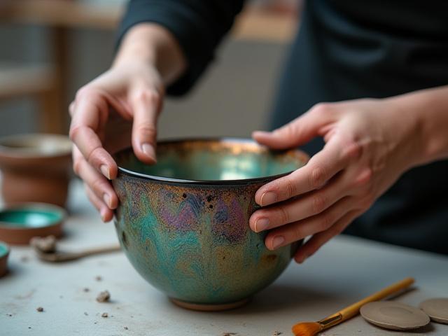 Fortgeschrittenenkurs: Detailaufnahme von glasierter Keramik, Hände prüfen die Textur